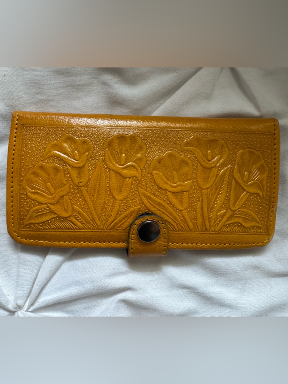 Artisan Embossed handmade Floral Leather Wallet Mustard Yellow turquoise NEW
